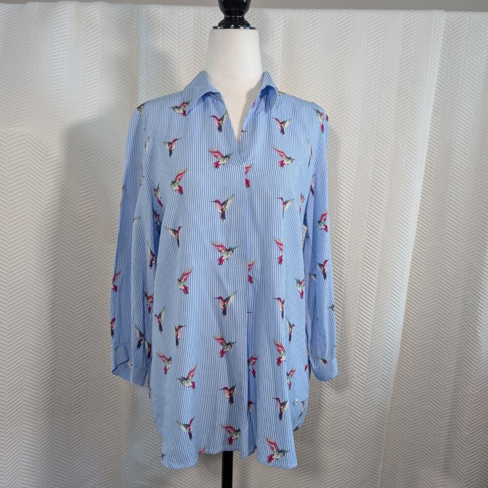 Olsen Blue & White Striped Shirt Hummingbird Print Pop Over Long Sleeve Size S/6
